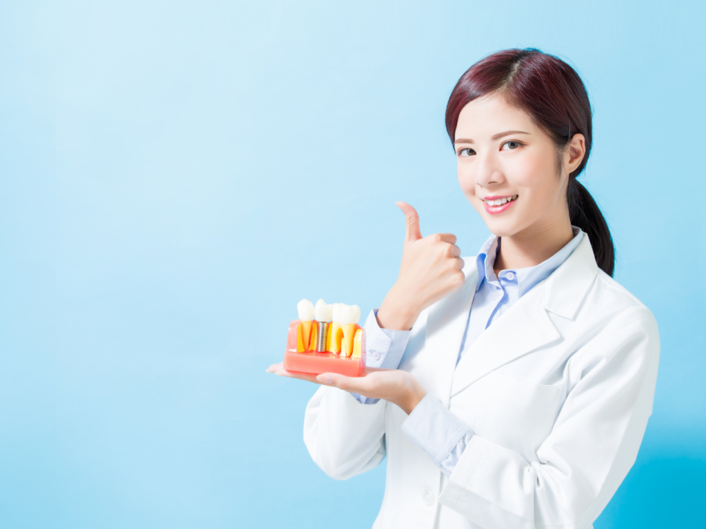 A dentist is showing a patient a model of cosmetic dental implants